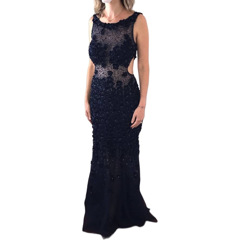WOW Jovani illusion floral gown dark blue navy sheer beaded sz 0 prom wedding